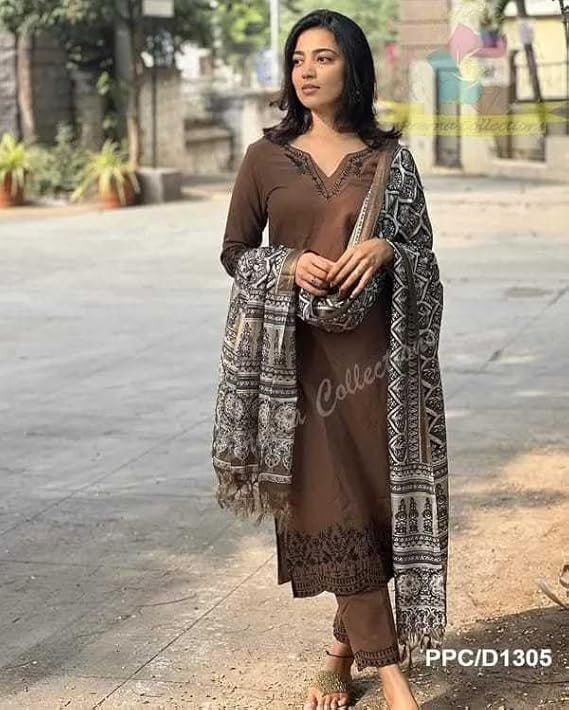 Women Pure Cotton Embroidery Straight Kurti with Pant & Dupatta Set (Brown) - Image 4