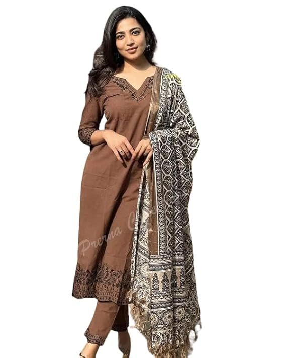 Women Pure Cotton Embroidery Straight Kurti with Pant & Dupatta Set (Brown)