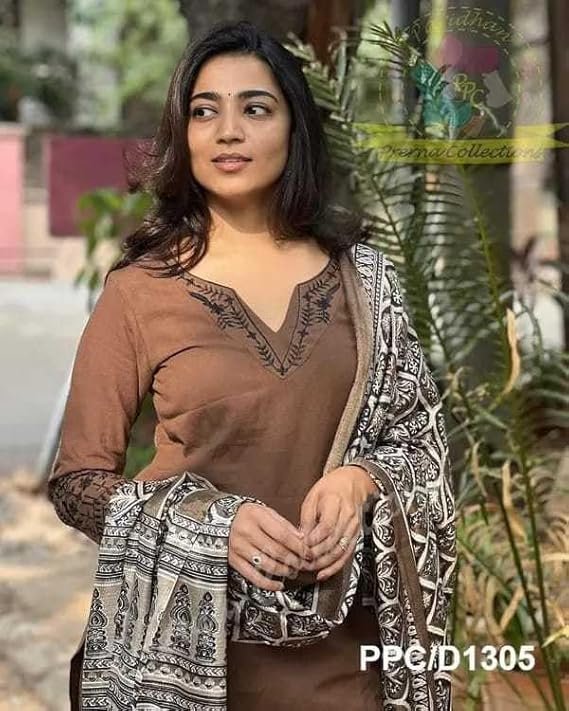 Women Pure Cotton Embroidery Straight Kurti with Pant & Dupatta Set (Brown) - Image 2